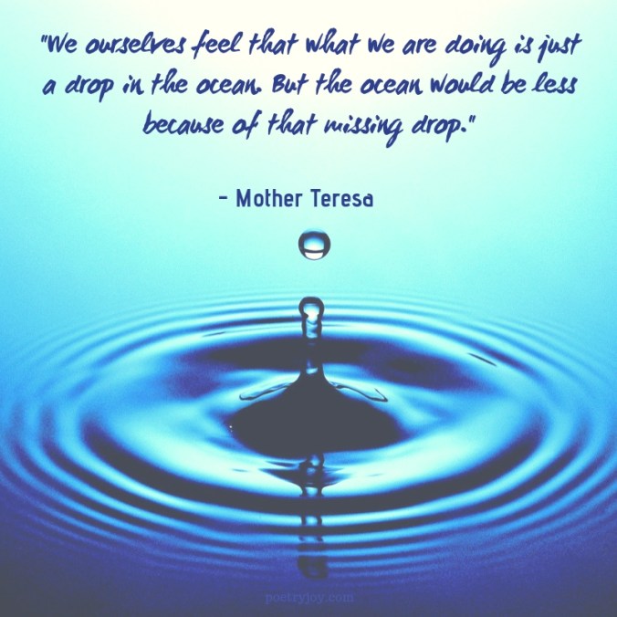 one - Mother Teresa quote _We ourselves feel that what we are doing is just a drop in the ocean. But the ocean would be less because of that missing drop._ @poetryjoy.com